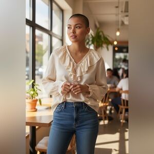 VINTAGE 90s Y2K NEW YORK STUDIO Silk Poet's Blouse Cream Romantic Ruffles M